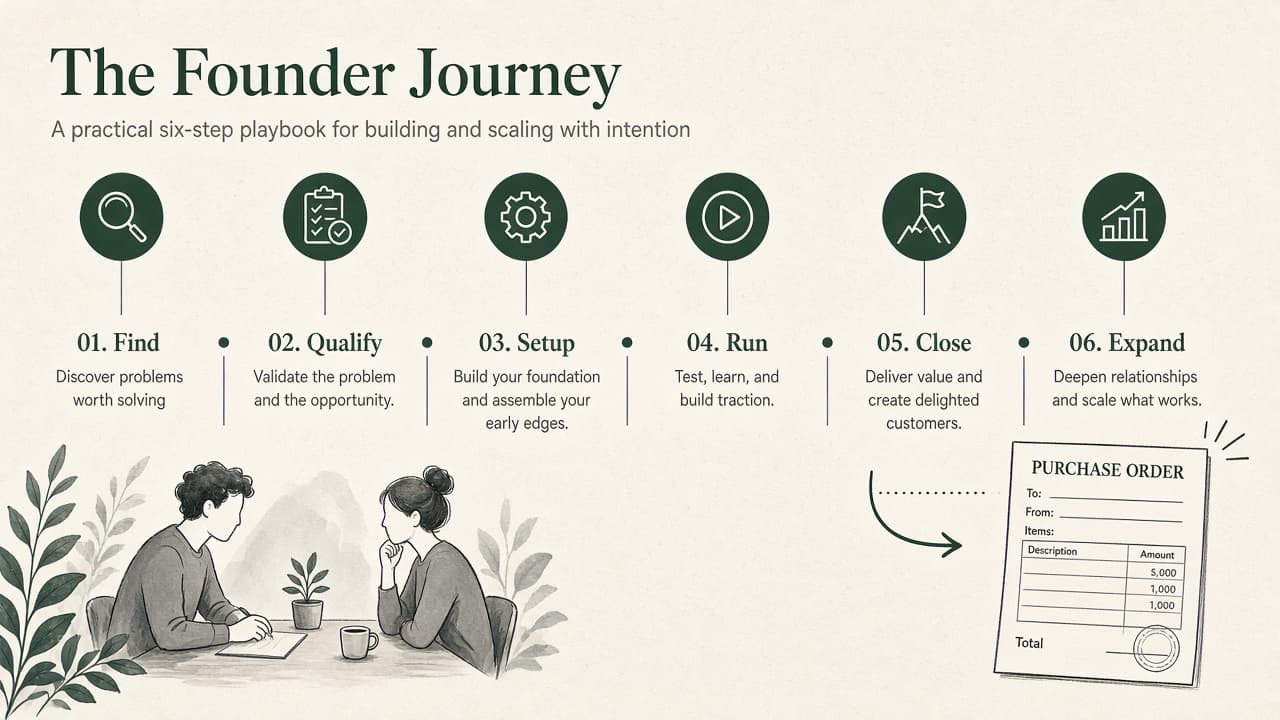 Six-phase pilot journey from Find through Expand ending in a purchase order